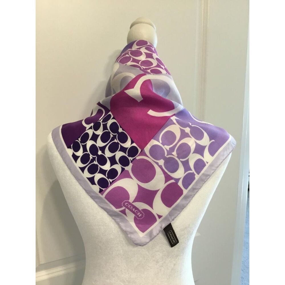 Coach Silk Scarf in Purple and Cream Signature Logo 21" Square NWOT - Picture 2 of 4